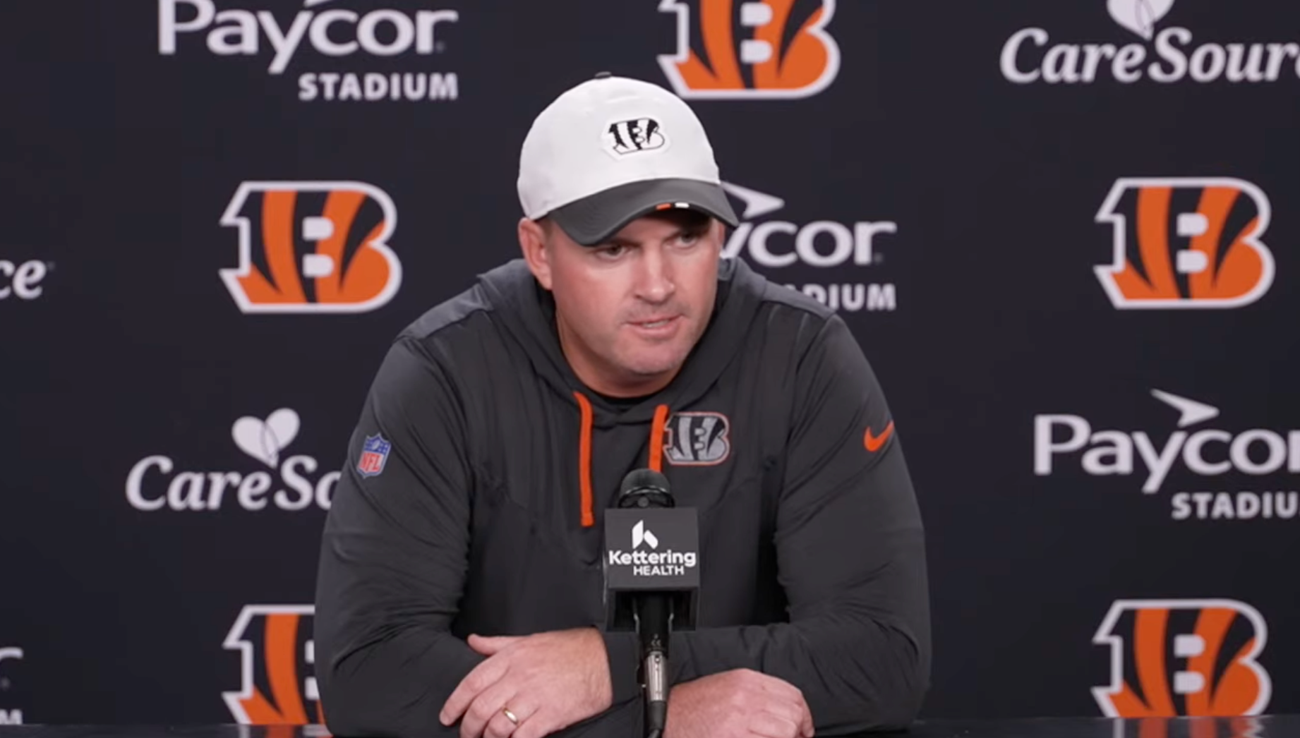 Cincinnati Bengals head coach Zac Taylor speaks to reporters on Monday, Oct. 6, 2025.